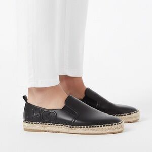 New in box Jimmy Choo Lichi Black Napa Leather Espadrilles Embossed Logo